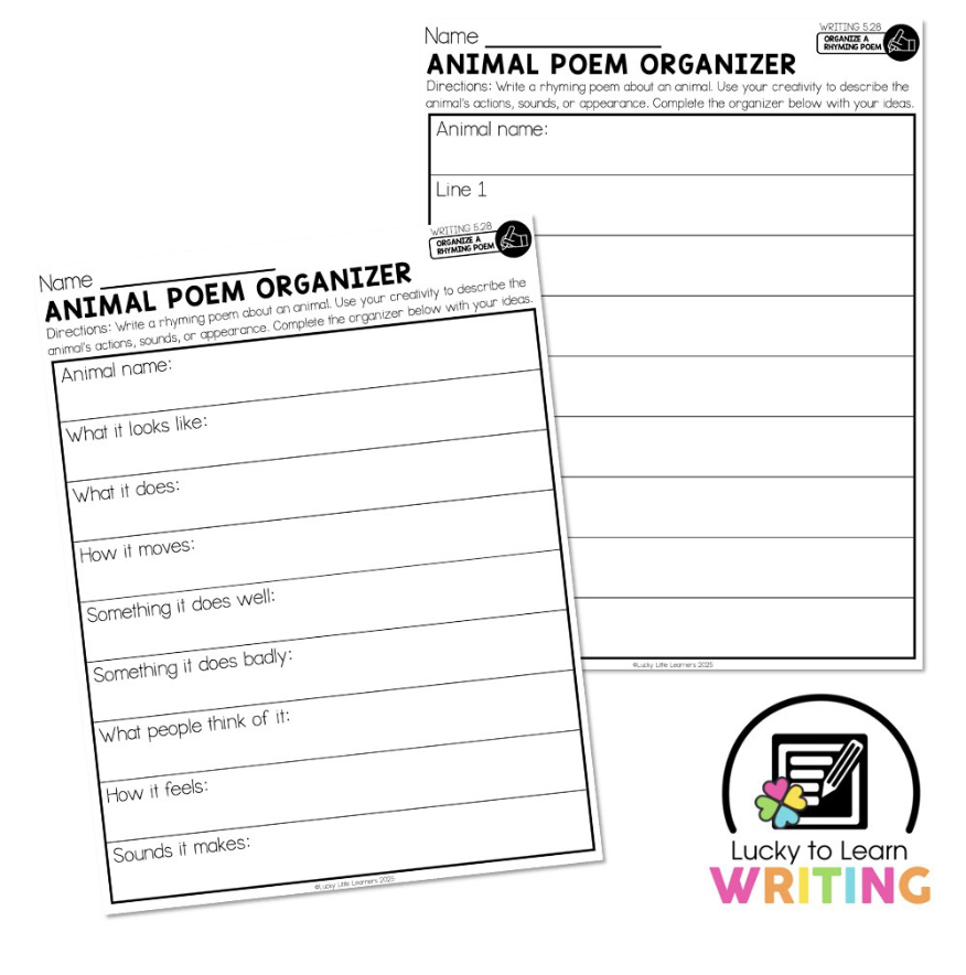 Animal Poem Organizer for 2nd grade students to brainstorm and organize ideas for writing rhyming poems about animals, supporting creativity in poetry writing for young learners.